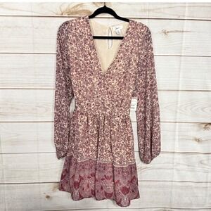 Japna Womens Floral Long Sleeve Mini Dress XL Burgundy Paisley Boho V-Neck NWT